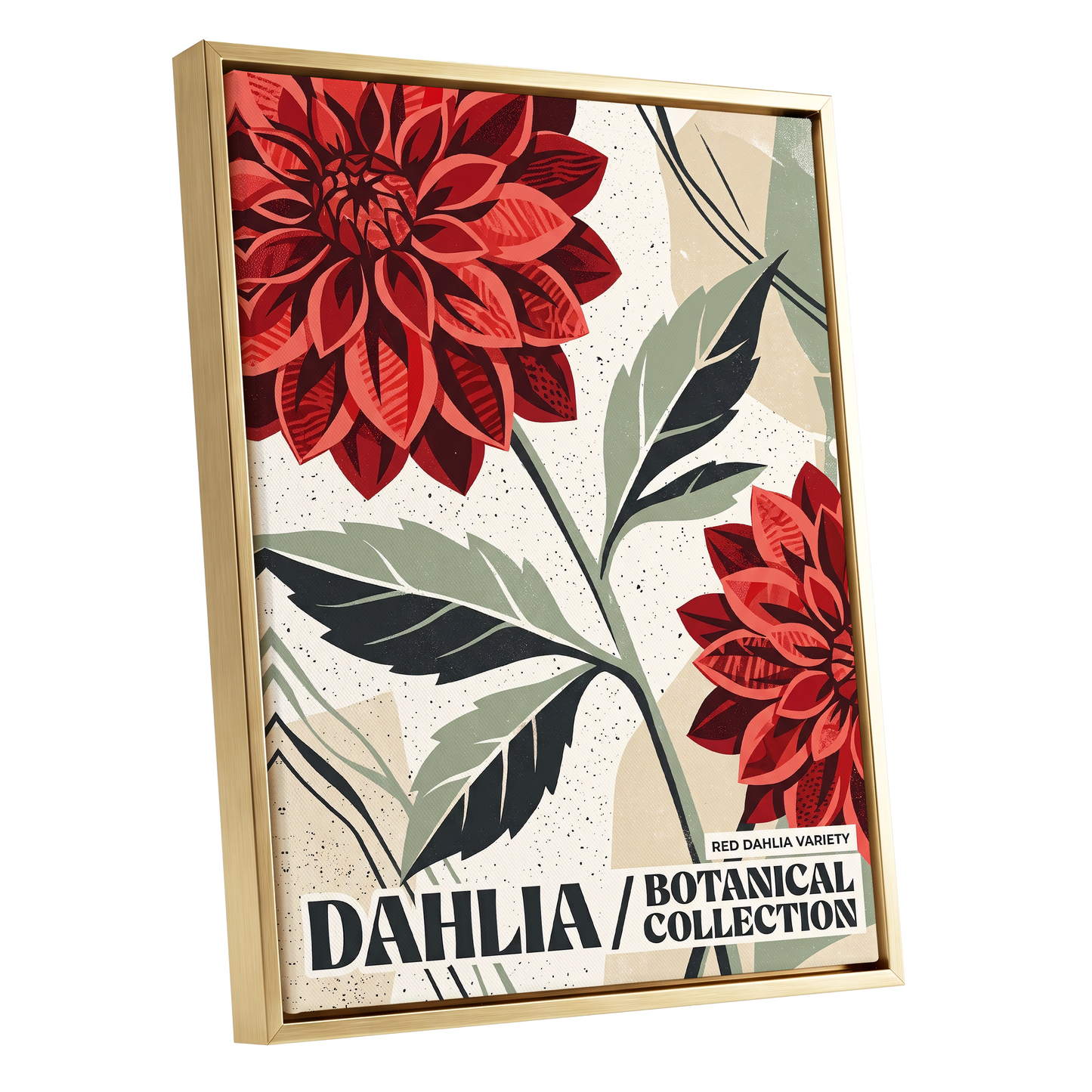 Crimson Dahlia Study, red, green, beige floral wall art shown as a gold framed canvas wall art