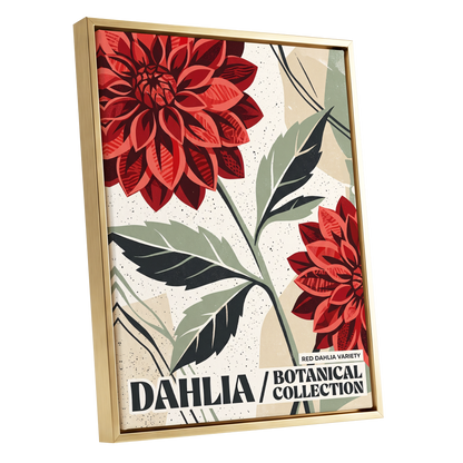 Crimson Dahlia Study, red, green, beige floral wall art shown as a gold framed canvas wall art