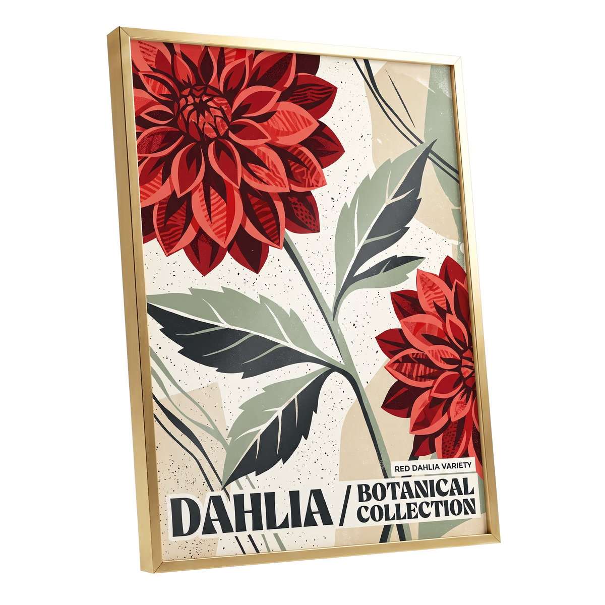 Crimson Dahlia Study, red, green, beige floral wall art shown as a gold framed poster wall art print