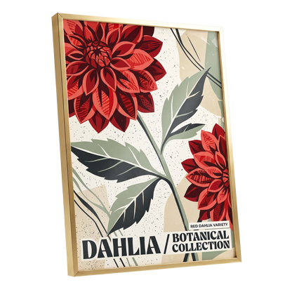 Crimson Dahlia Study, red, green, beige floral wall art shown as a gold framed poster wall art print