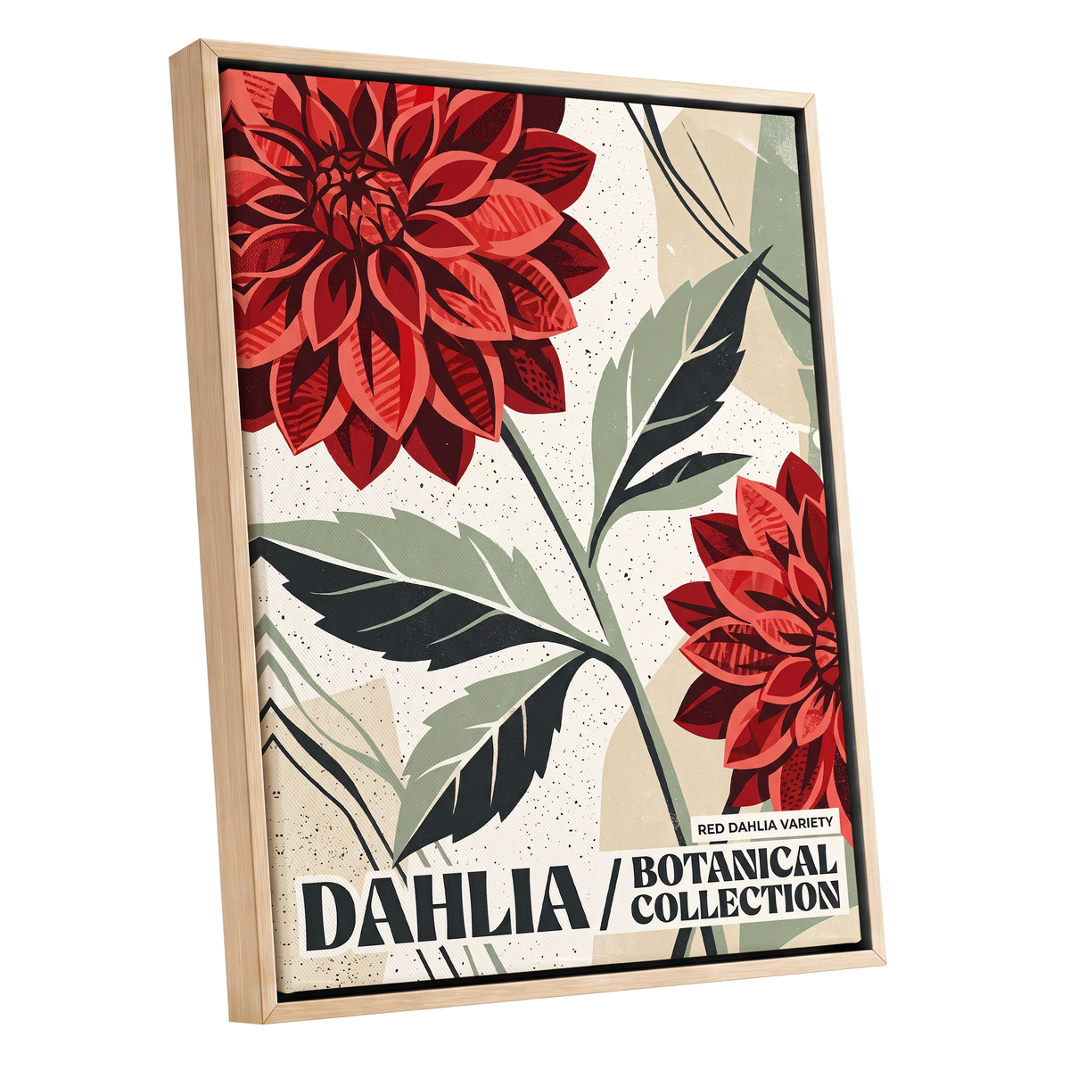 Crimson Dahlia Study, red, green, beige floral wall art shown as a oak framed canvas wall art