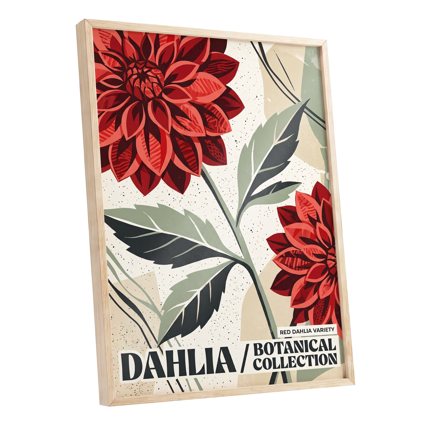 Crimson Dahlia Study, red, green, beige floral wall art shown as a oak framed poster wall art print