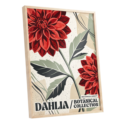 Crimson Dahlia Study, red, green, beige floral wall art shown as a oak framed poster wall art print