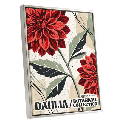 Crimson Dahlia Study, red, green, beige floral wall art shown as a silver framed canvas wall art