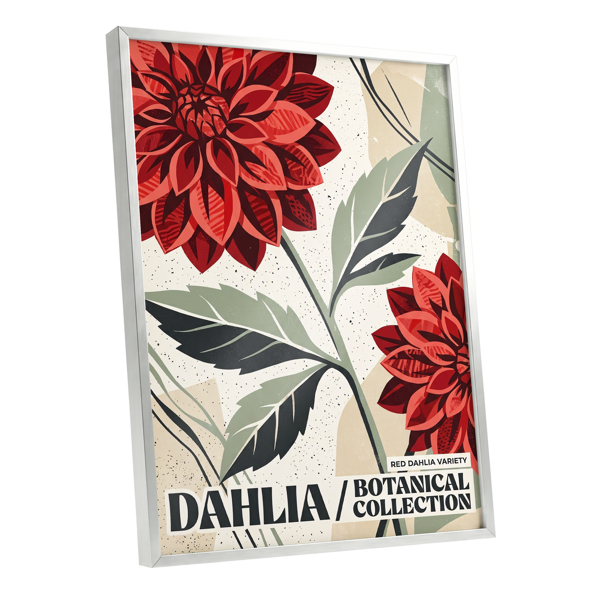 Crimson Dahlia Study, red, green, beige floral wall art shown as a silver framed poster wall art print