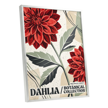 Crimson Dahlia Study, red, green, beige floral wall art shown as a silver framed poster wall art print