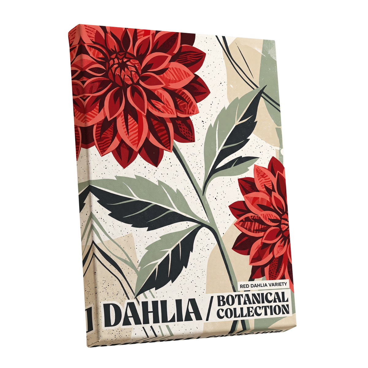 Crimson Dahlia Study, red, green, beige floral wall art shown as a stretched canvas wall art