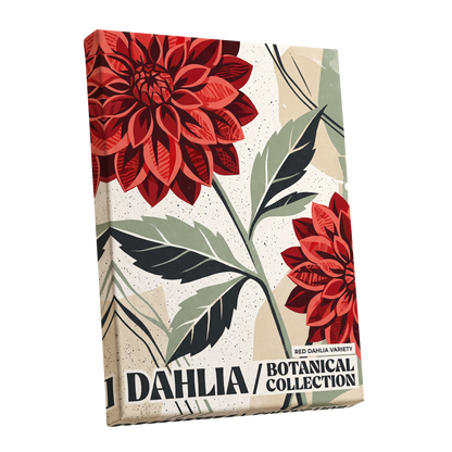 Crimson Dahlia Study, red, green, beige floral wall art shown as a stretched canvas wall art