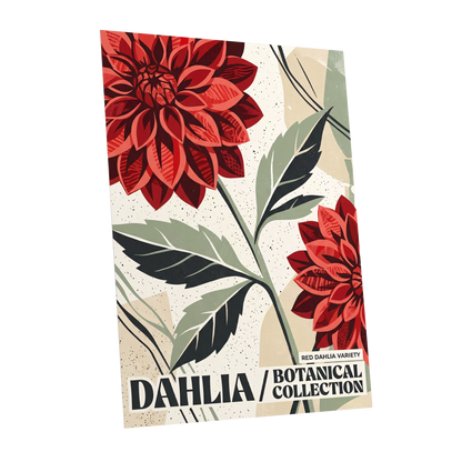 Crimson Dahlia Study, red, green, beige floral wall art shown as a unframed poster wall art print