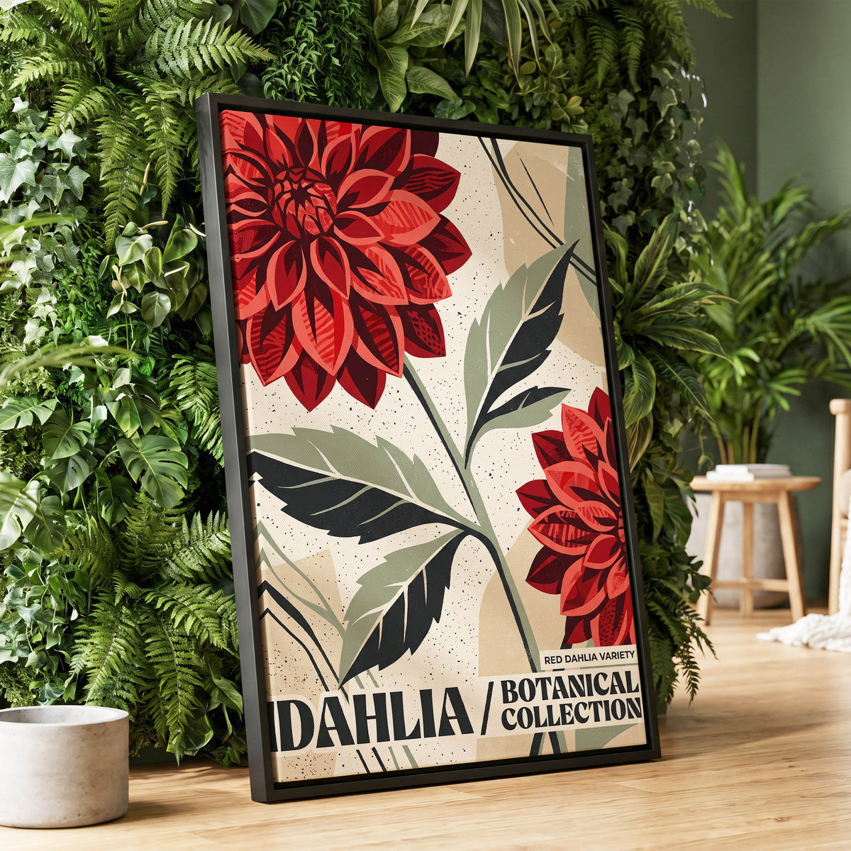 Crimson Dahlia Study, red, green, beige floral wall art displayed in a styled interior, gallery view 1