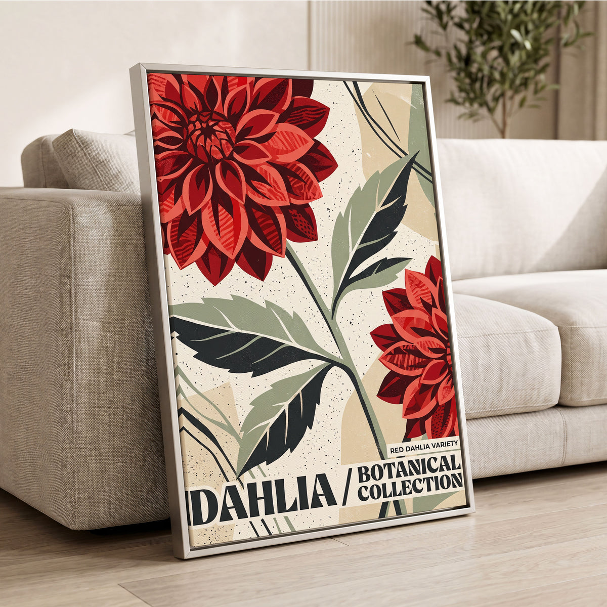 Crimson Dahlia Study, red, green, beige floral wall art displayed in a styled interior, gallery view 2