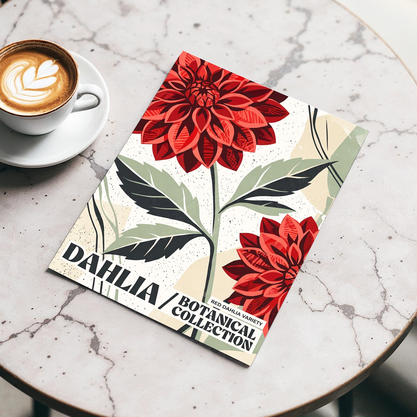 Crimson Dahlia Study, red, green, beige floral wall art displayed in a styled interior, gallery view 3