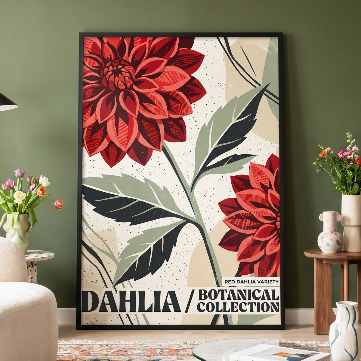 Crimson Dahlia Study, red, green, beige floral wall art displayed in a styled interior, gallery view 4