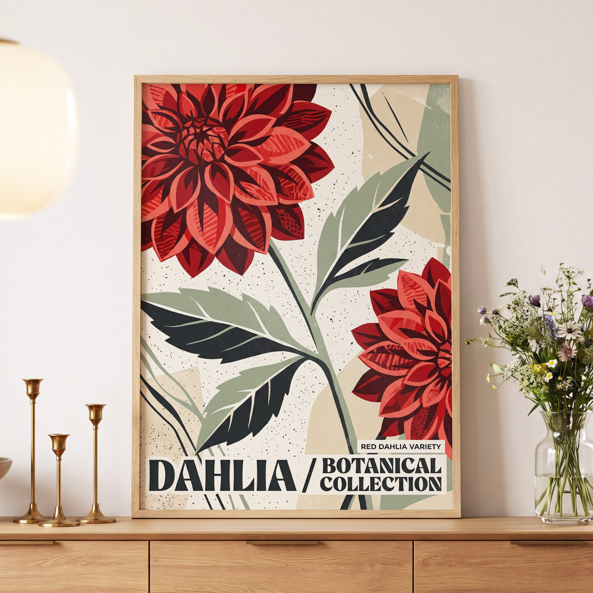 Crimson Dahlia Study, red, green, beige floral wall art displayed in a styled interior, gallery view 5