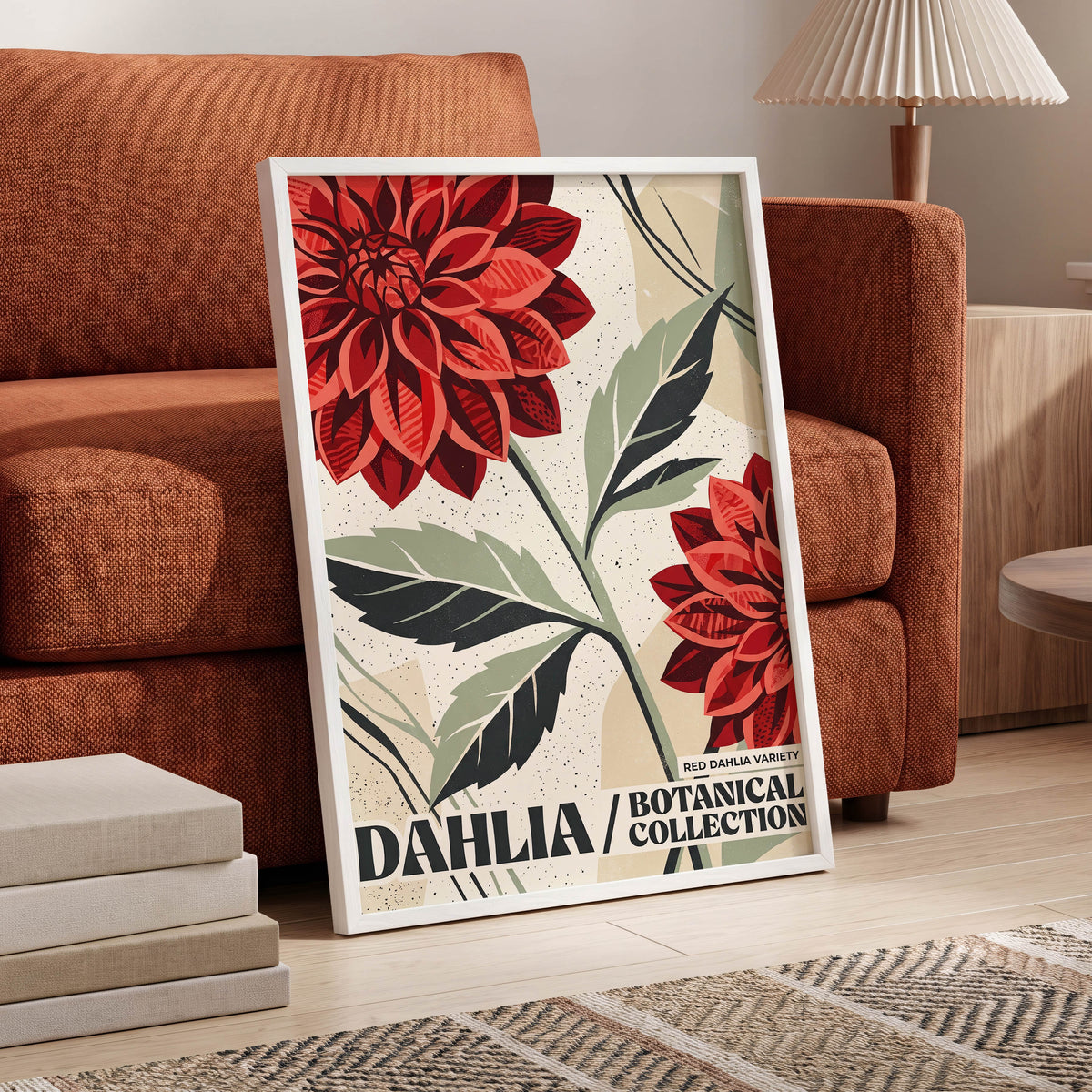 Crimson Dahlia Study, red, green, beige floral wall art displayed in a styled interior, gallery view 6