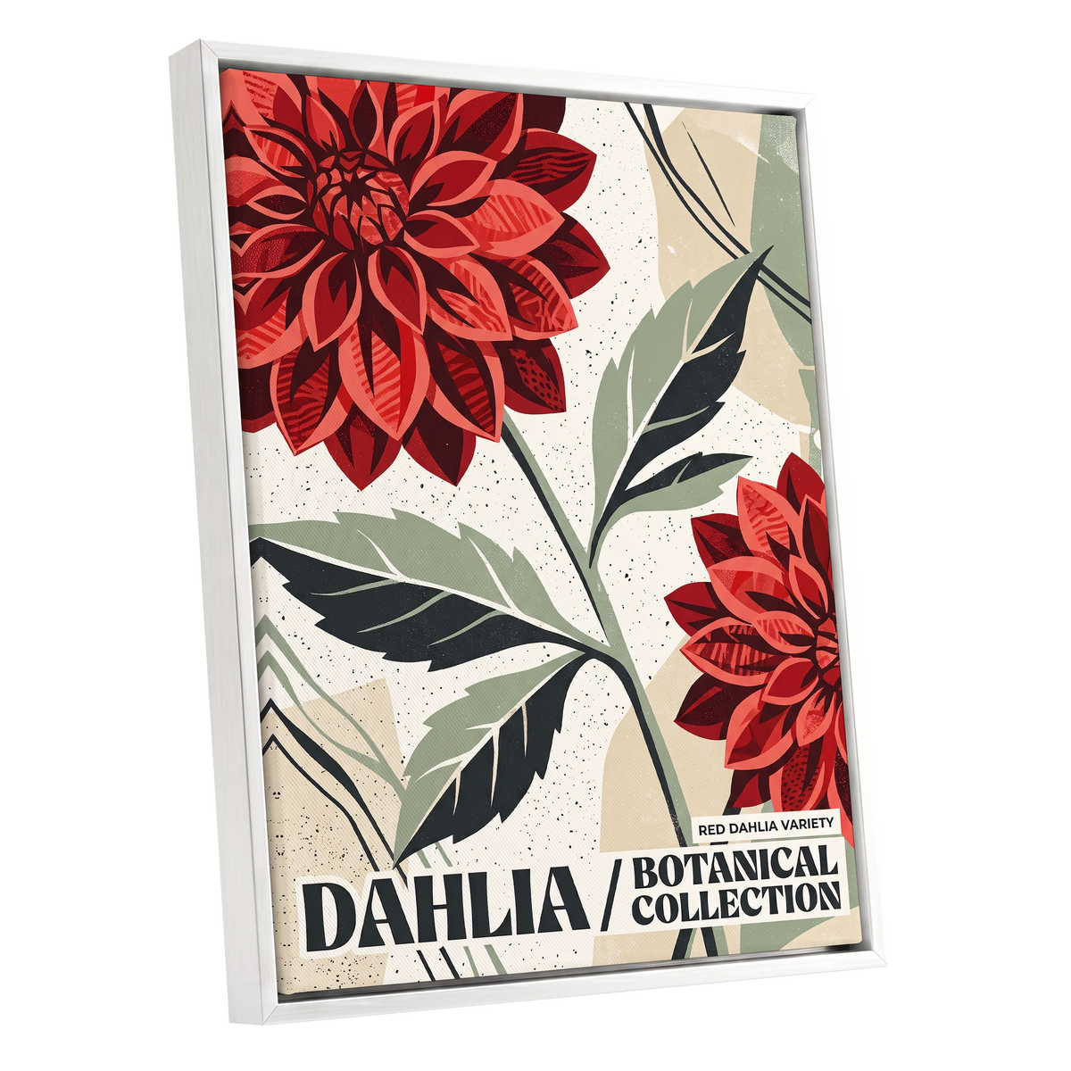 Crimson Dahlia Study, red, green, beige floral wall art shown as a white framed canvas wall art