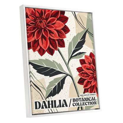 Crimson Dahlia Study, red, green, beige floral wall art shown as a white framed canvas wall art