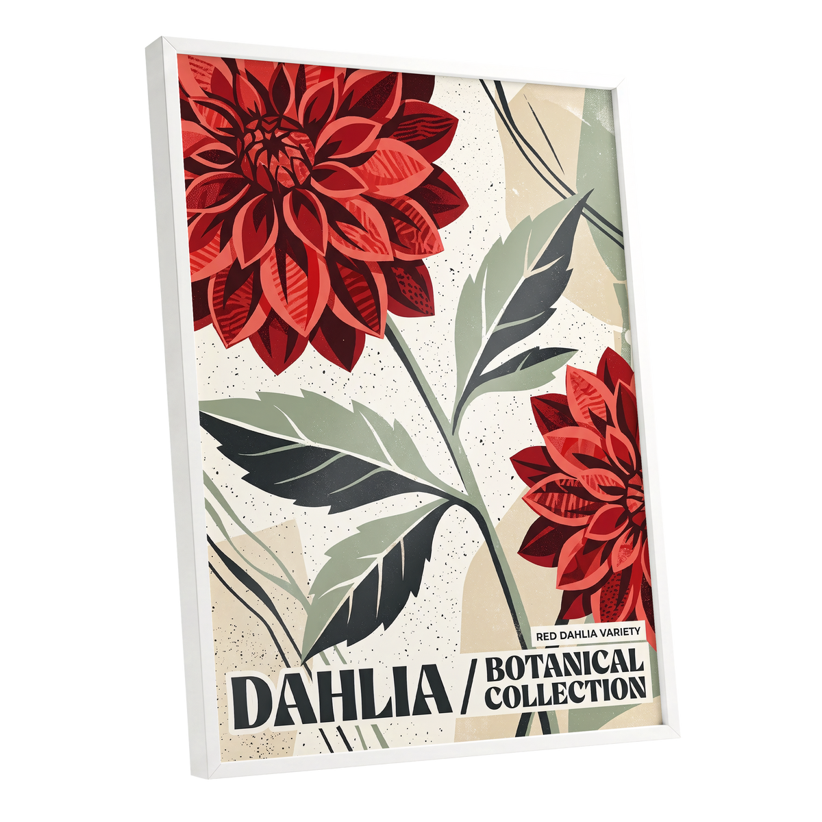 Crimson Dahlia Study, red, green, beige floral wall art shown as a white framed poster wall art print