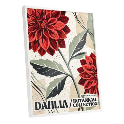 Crimson Dahlia Study, red, green, beige floral wall art shown as a white framed poster wall art print