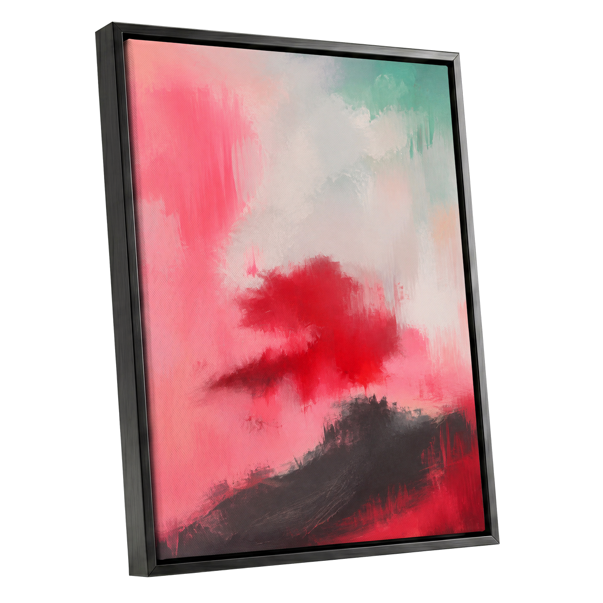 Crimson Drift, pink, red, black abstract wall art shown as a black framed canvas wall art