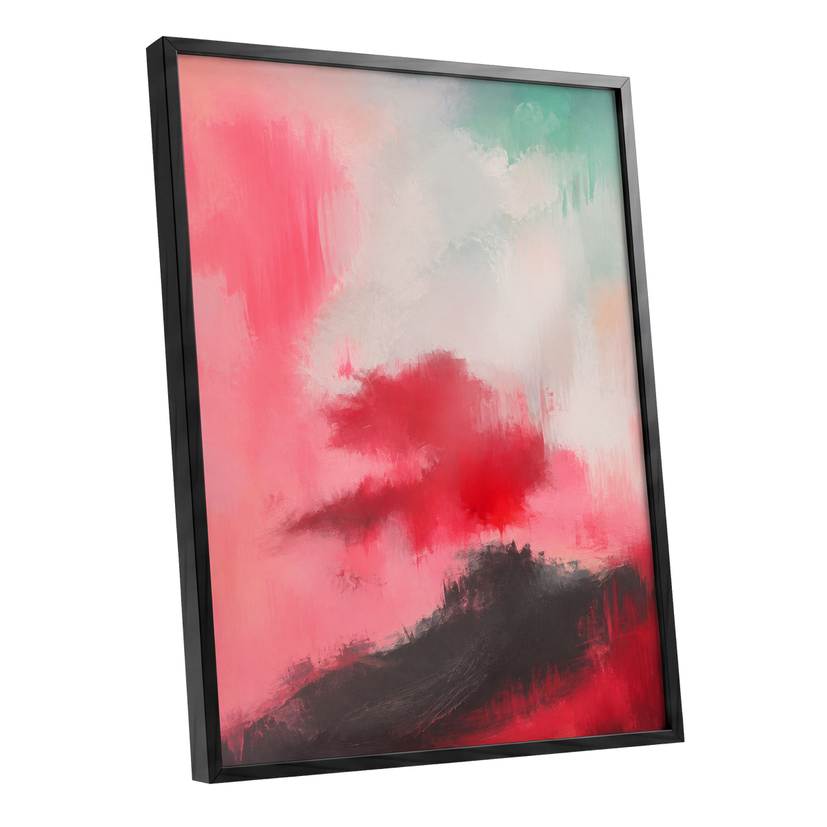 Crimson Drift, pink, red, black abstract wall art shown as a black framed poster wall art print