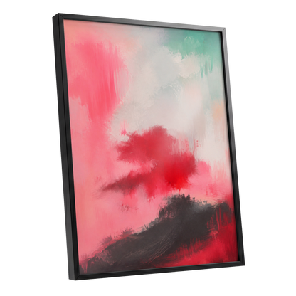 Crimson Drift, pink, red, black abstract wall art shown as a black framed poster wall art print