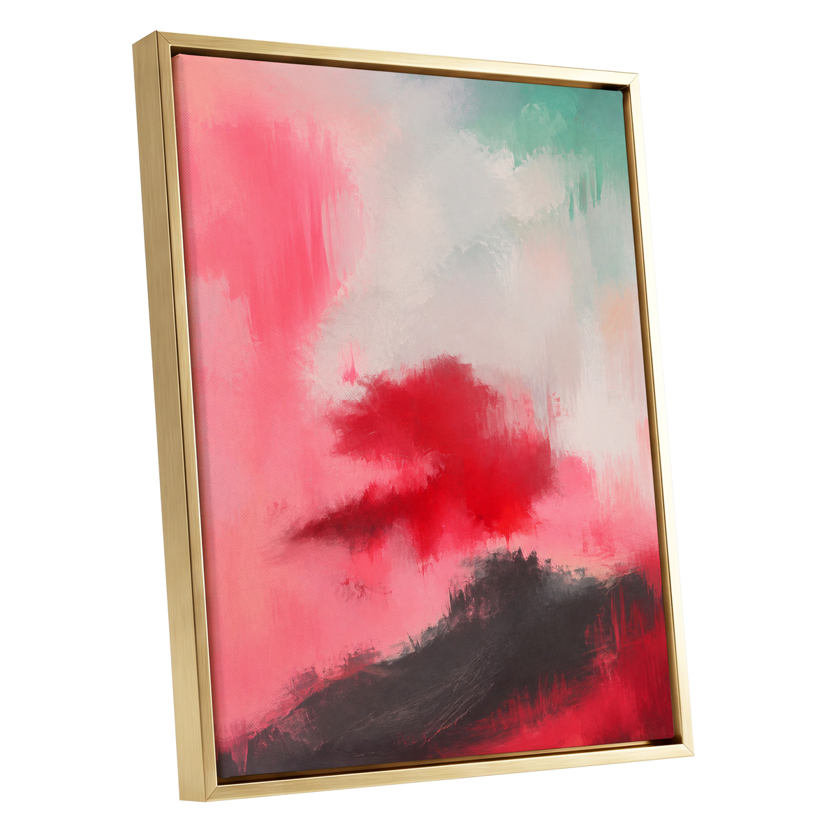 Crimson Drift, pink, red, black abstract wall art shown as a gold framed canvas wall art