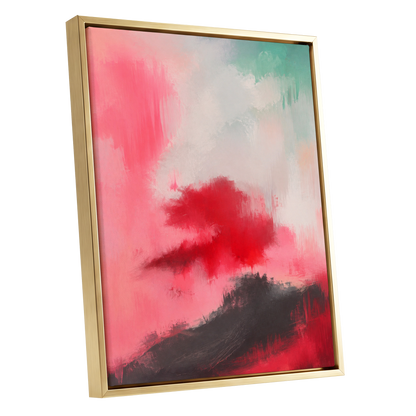 Crimson Drift, pink, red, black abstract wall art shown as a gold framed canvas wall art
