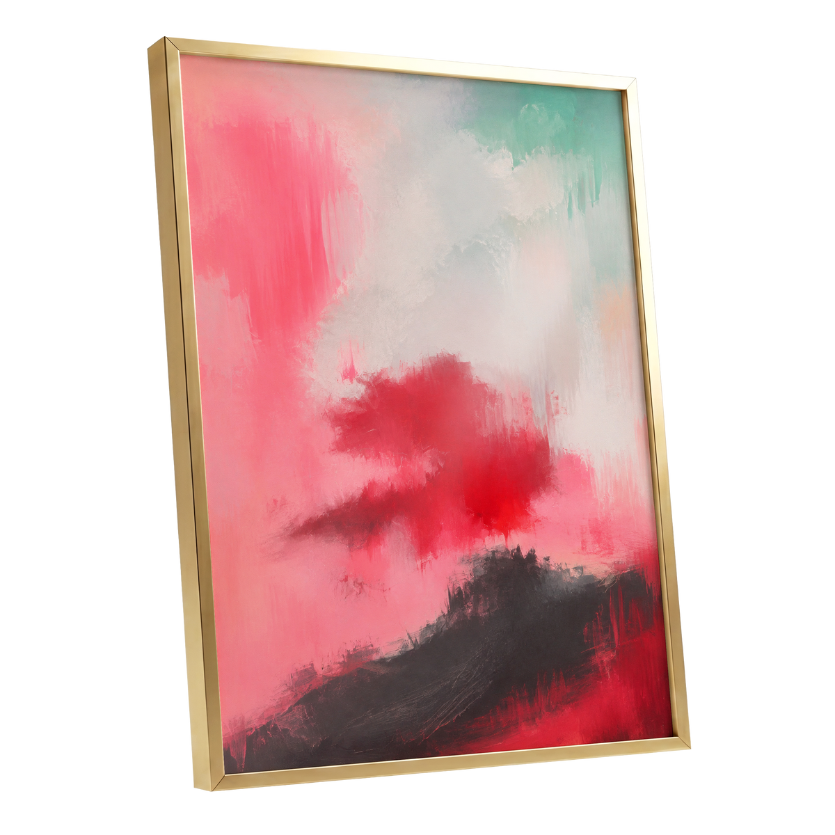 Crimson Drift, pink, red, black abstract wall art shown as a gold framed poster wall art print