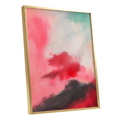 Crimson Drift, pink, red, black abstract wall art shown as a gold framed poster wall art print