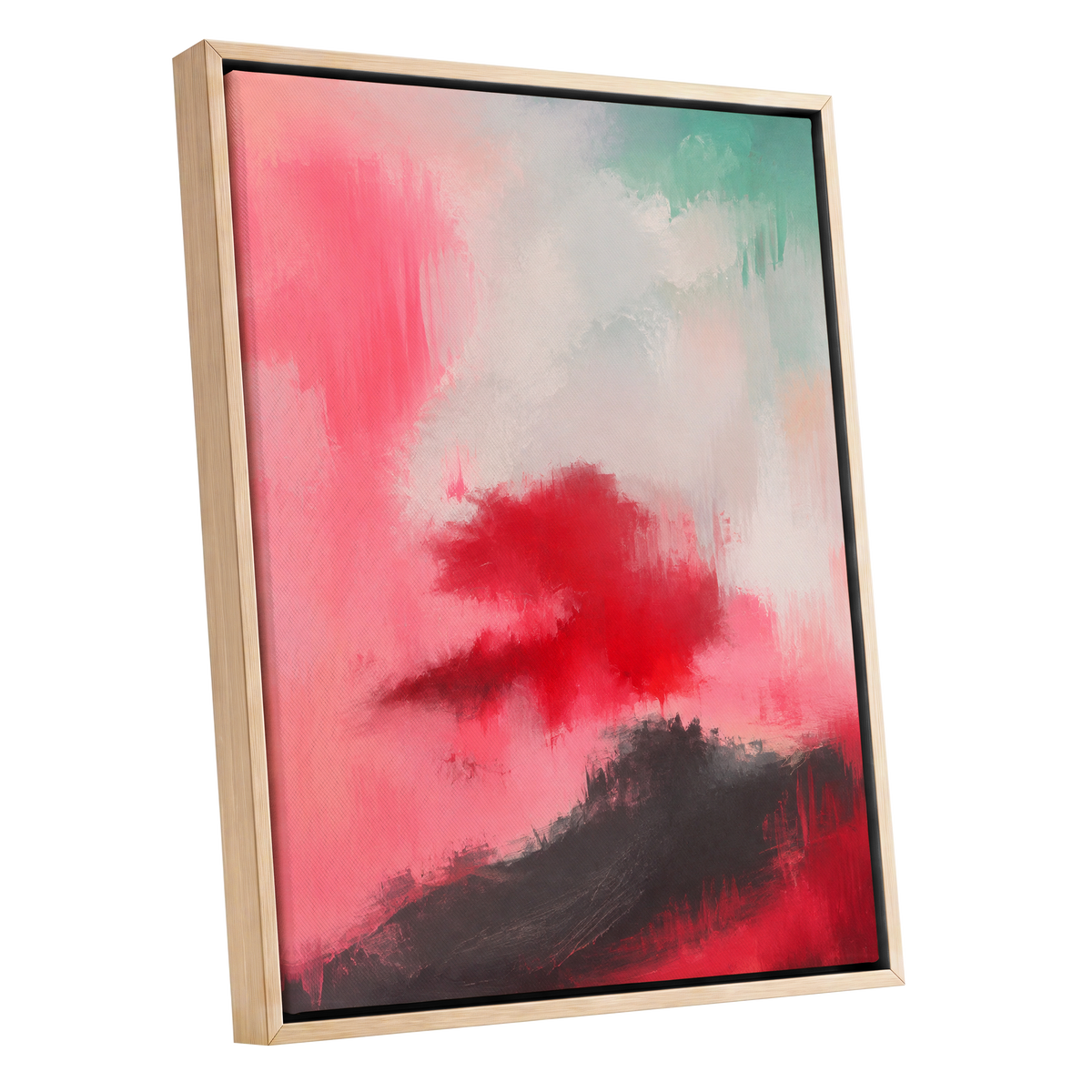 Crimson Drift, pink, red, black abstract wall art shown as a oak framed canvas wall art
