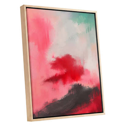 Crimson Drift, pink, red, black abstract wall art shown as a oak framed canvas wall art