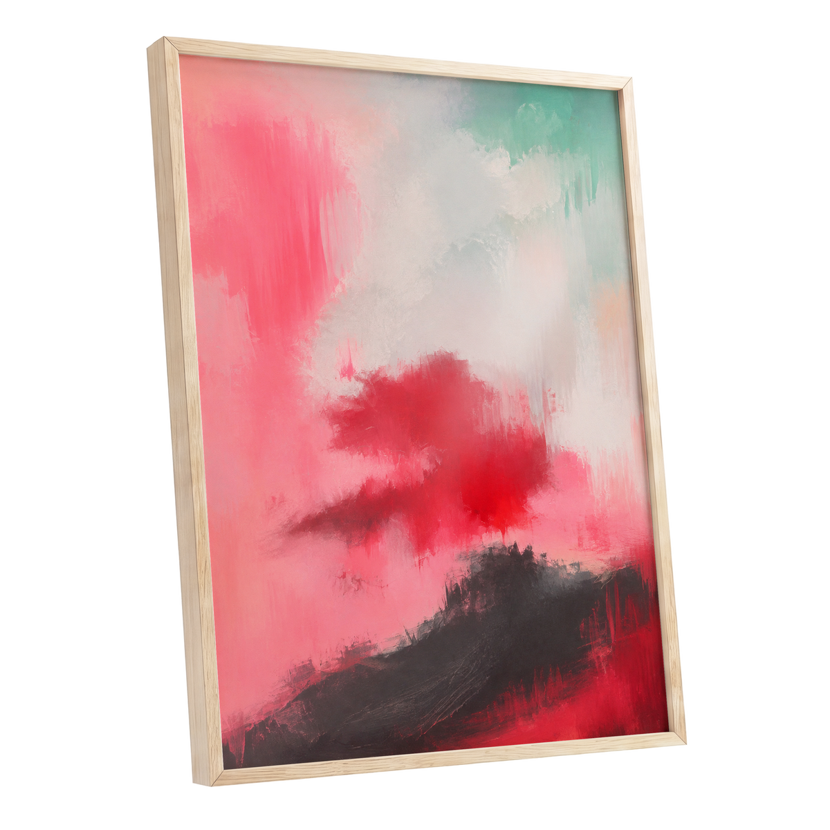 Crimson Drift, pink, red, black abstract wall art shown as a oak framed poster wall art print