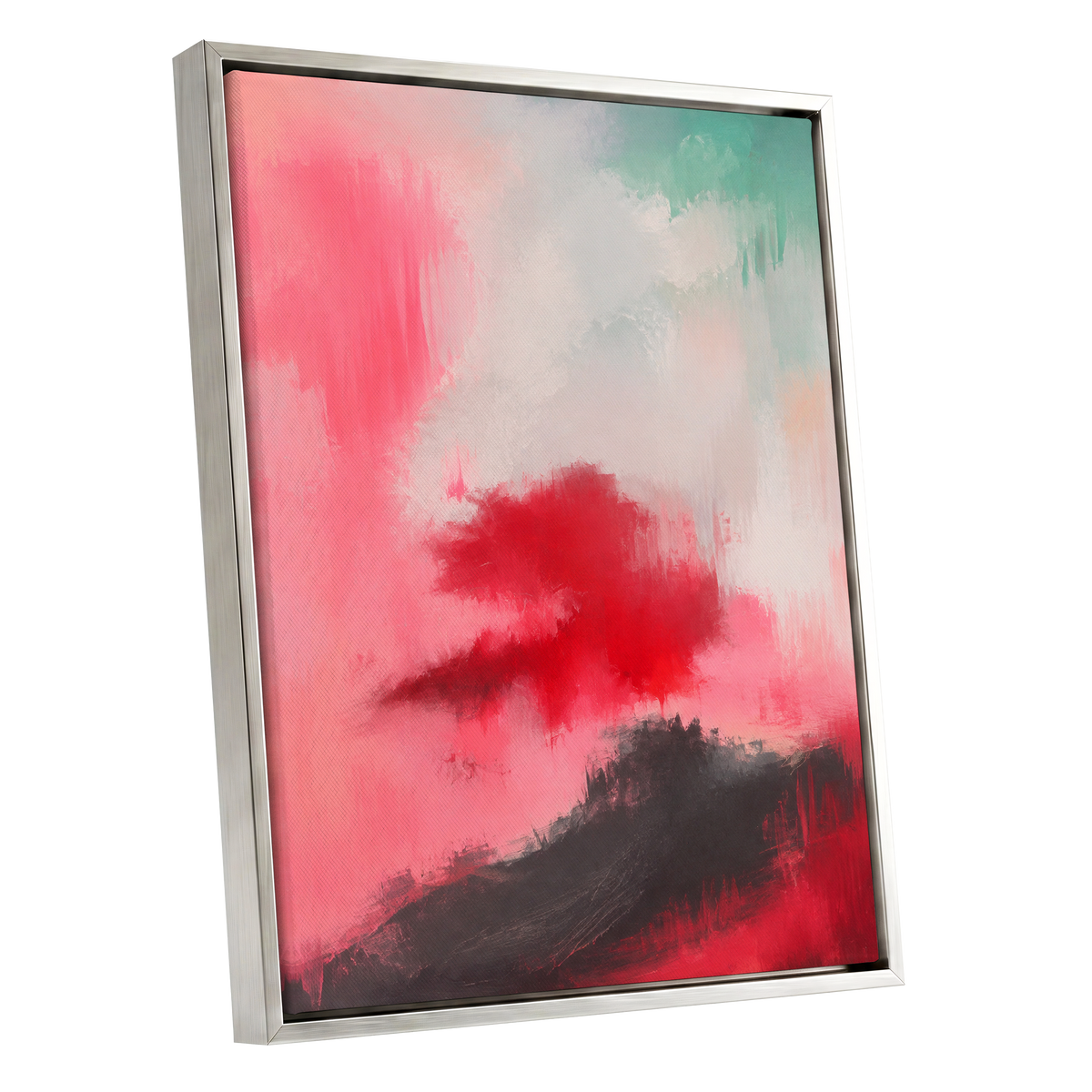 Crimson Drift, pink, red, black abstract wall art shown as a silver framed canvas wall art