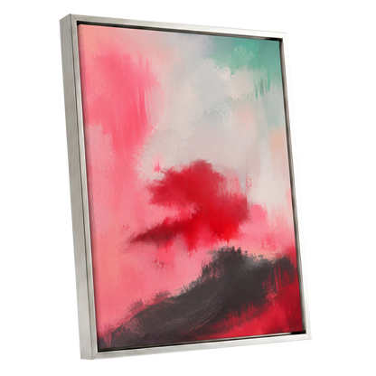 Crimson Drift, pink, red, black abstract wall art shown as a silver framed canvas wall art