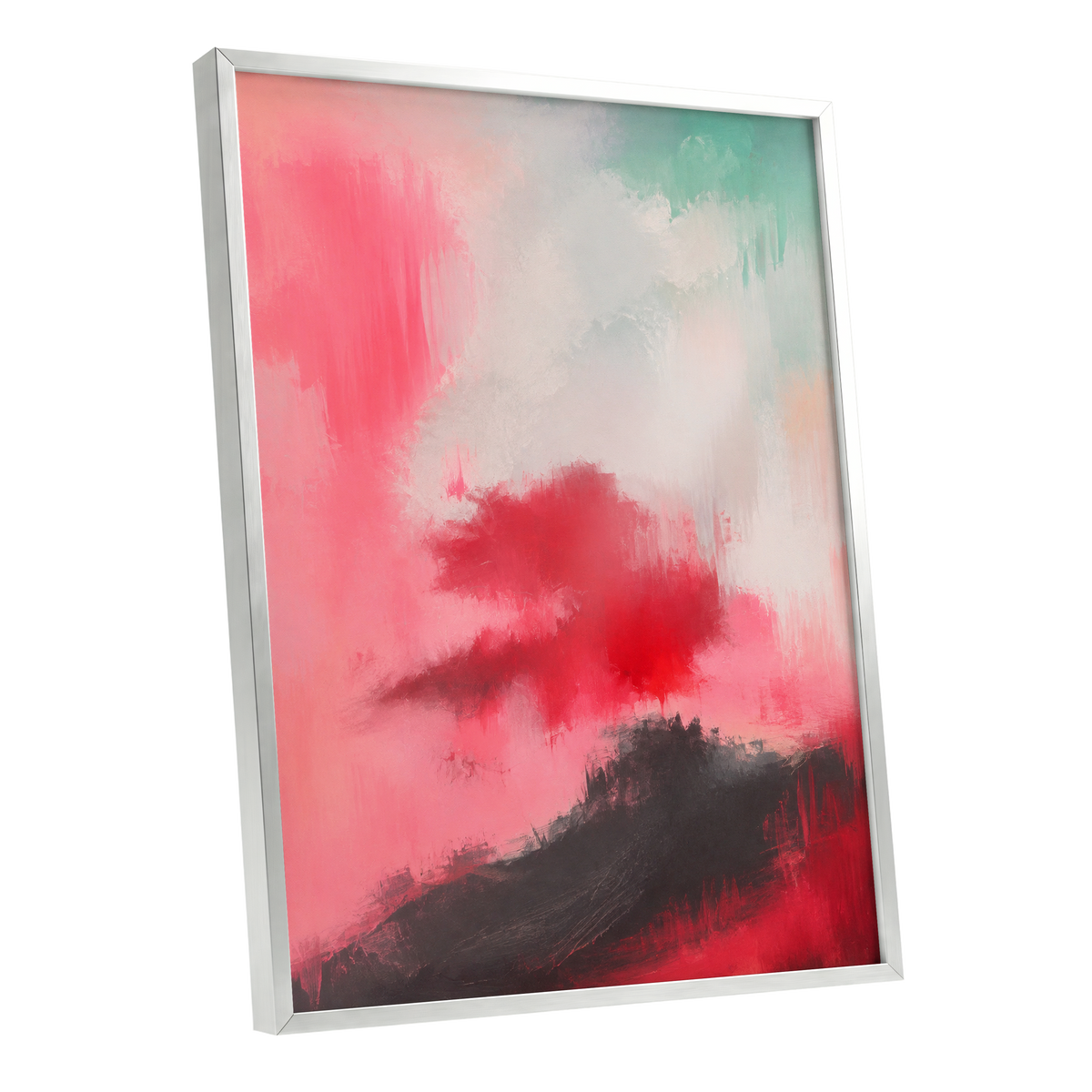 Crimson Drift, pink, red, black abstract wall art shown as a silver framed poster wall art print