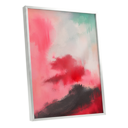 Crimson Drift, pink, red, black abstract wall art shown as a silver framed poster wall art print