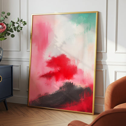 Crimson Drift, pink, red, black abstract wall art displayed in a styled interior, gallery view 2