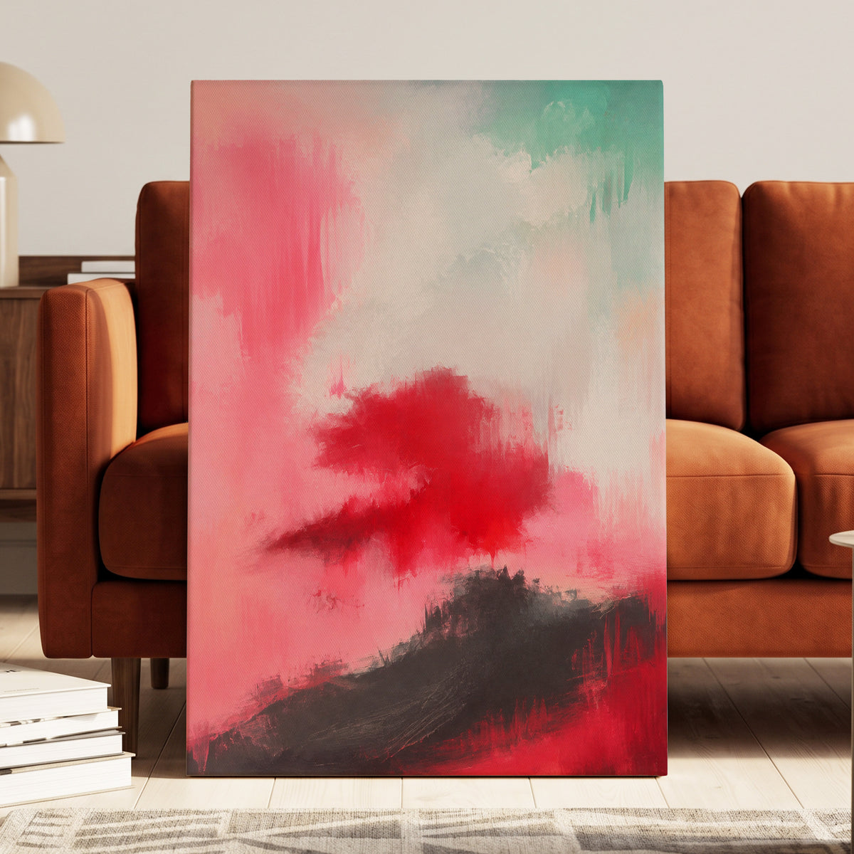 Crimson Drift, pink, red, black abstract wall art displayed in a styled interior, gallery view 3