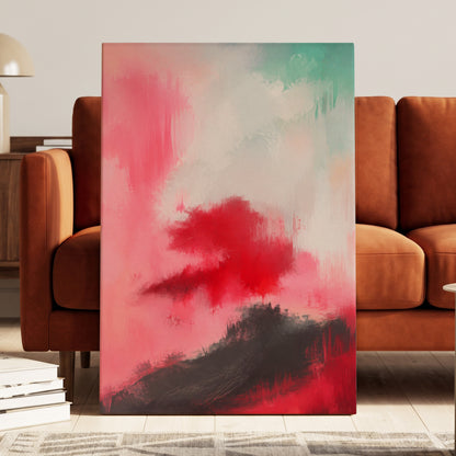 Crimson Drift, pink, red, black abstract wall art displayed in a styled interior, gallery view 3