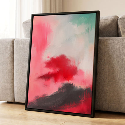 Crimson Drift, pink, red, black abstract wall art displayed in a styled interior, gallery view 4