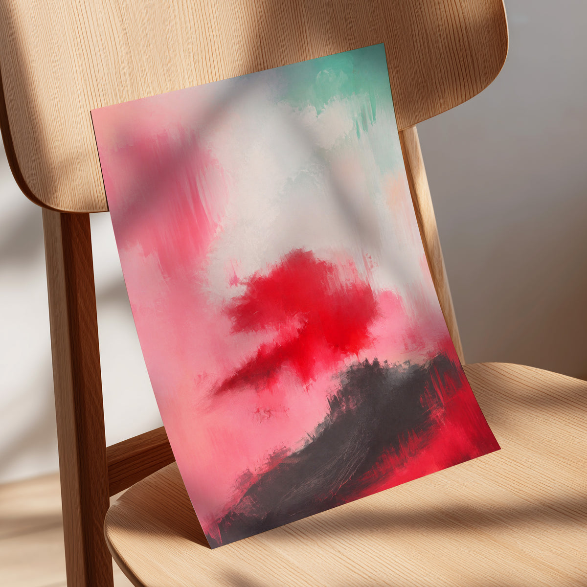 Crimson Drift, pink, red, black abstract wall art displayed in a styled interior, gallery view 5