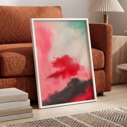 Crimson Drift, pink, red, black abstract wall art displayed in a styled interior, gallery view 6