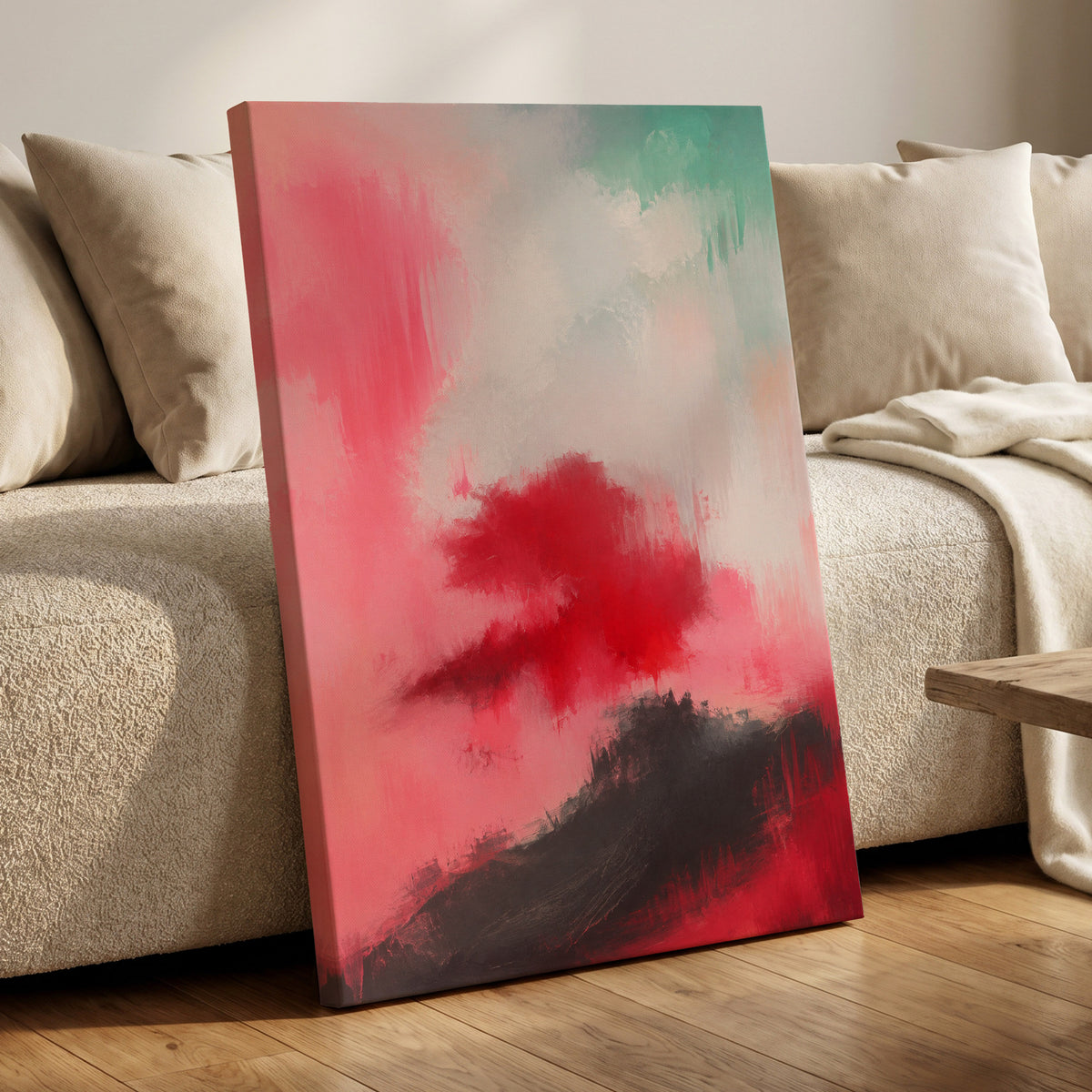 Crimson Drift, pink, red, black abstract wall art displayed in a styled interior, gallery view 7