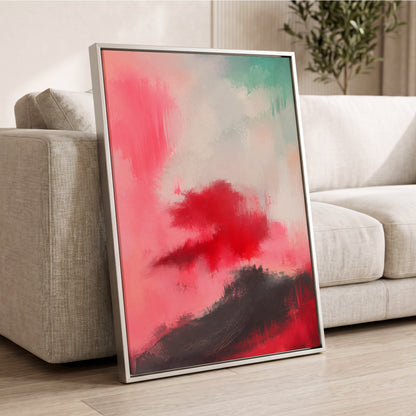 Crimson Drift, pink, red, black abstract wall art displayed in a styled interior, gallery view 8