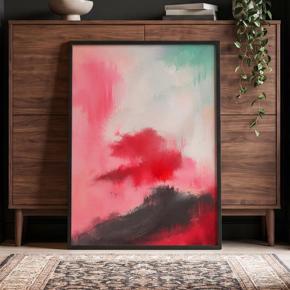 Crimson Drift, pink, red, black abstract wall art displayed in a styled interior, gallery view 9