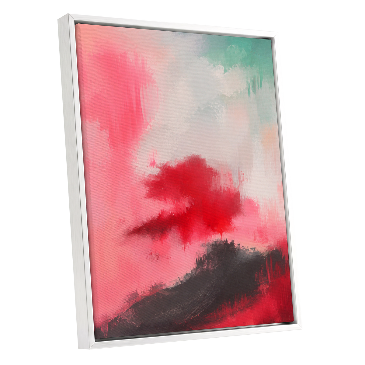 Crimson Drift, pink, red, black abstract wall art shown as a white framed canvas wall art