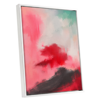 Crimson Drift, pink, red, black abstract wall art shown as a white framed canvas wall art