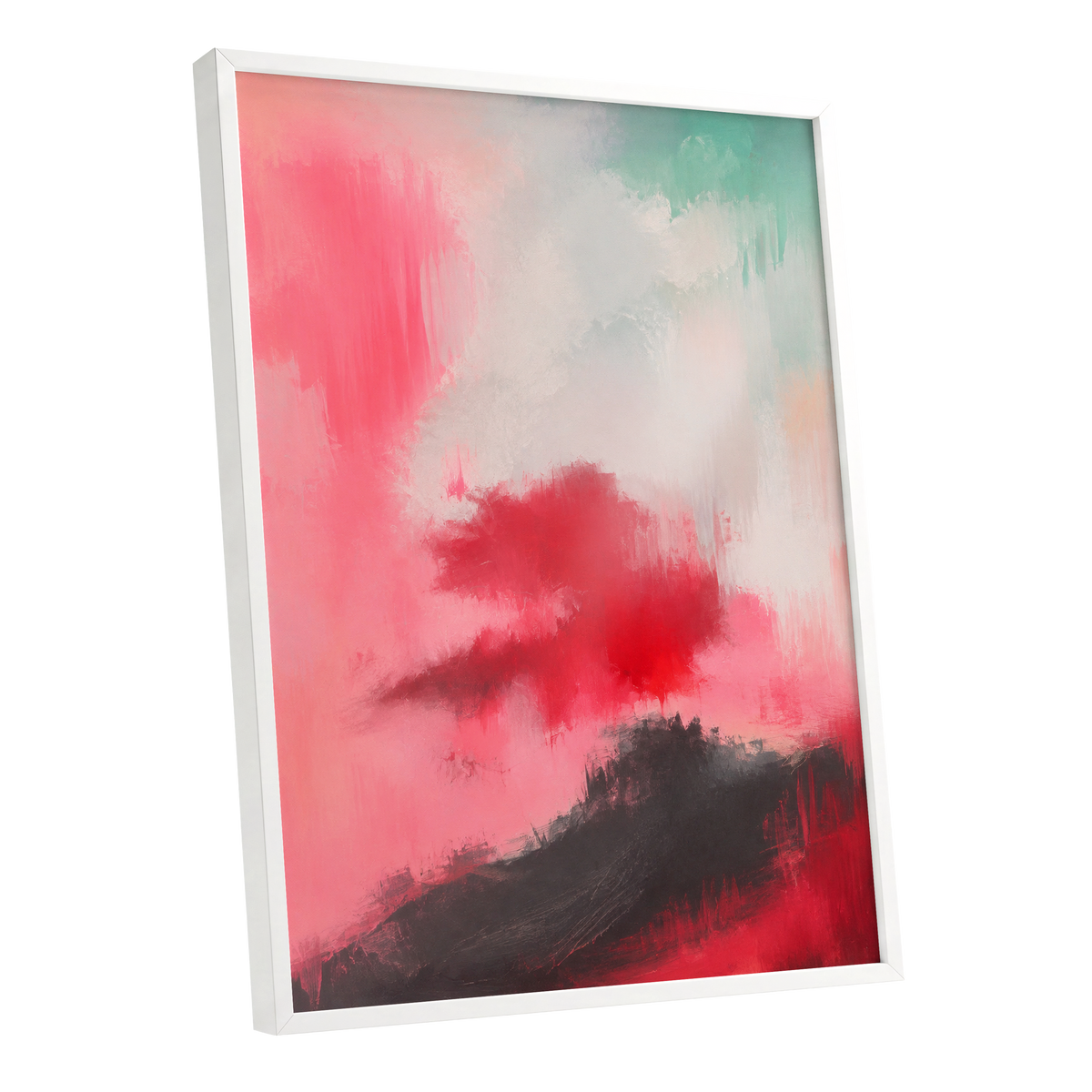 Crimson Drift, pink, red, black abstract wall art shown as a white framed poster wall art print