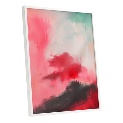 Crimson Drift, pink, red, black abstract wall art shown as a white framed poster wall art print